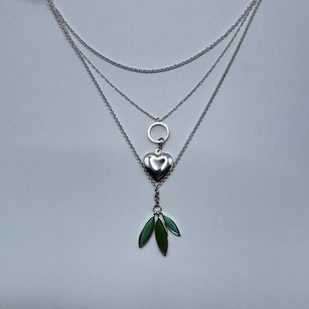 Apt. 9 Silver Tone Triple Strand Layered Heart Locket‎ Green Leaf Necklace 19